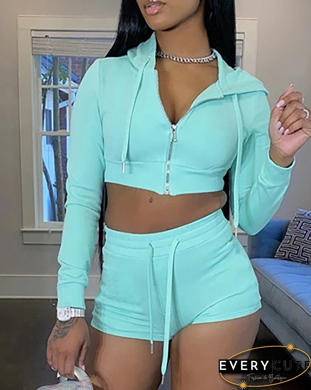 Zip Hooded Crop Top & Drawstring Shorts Set