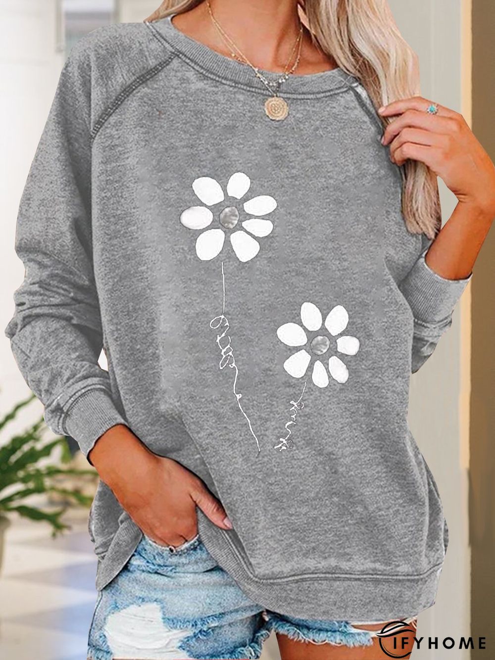Jersey Loose Floral Crew Neck Hoodies & Sweatshirt | IFYHOME