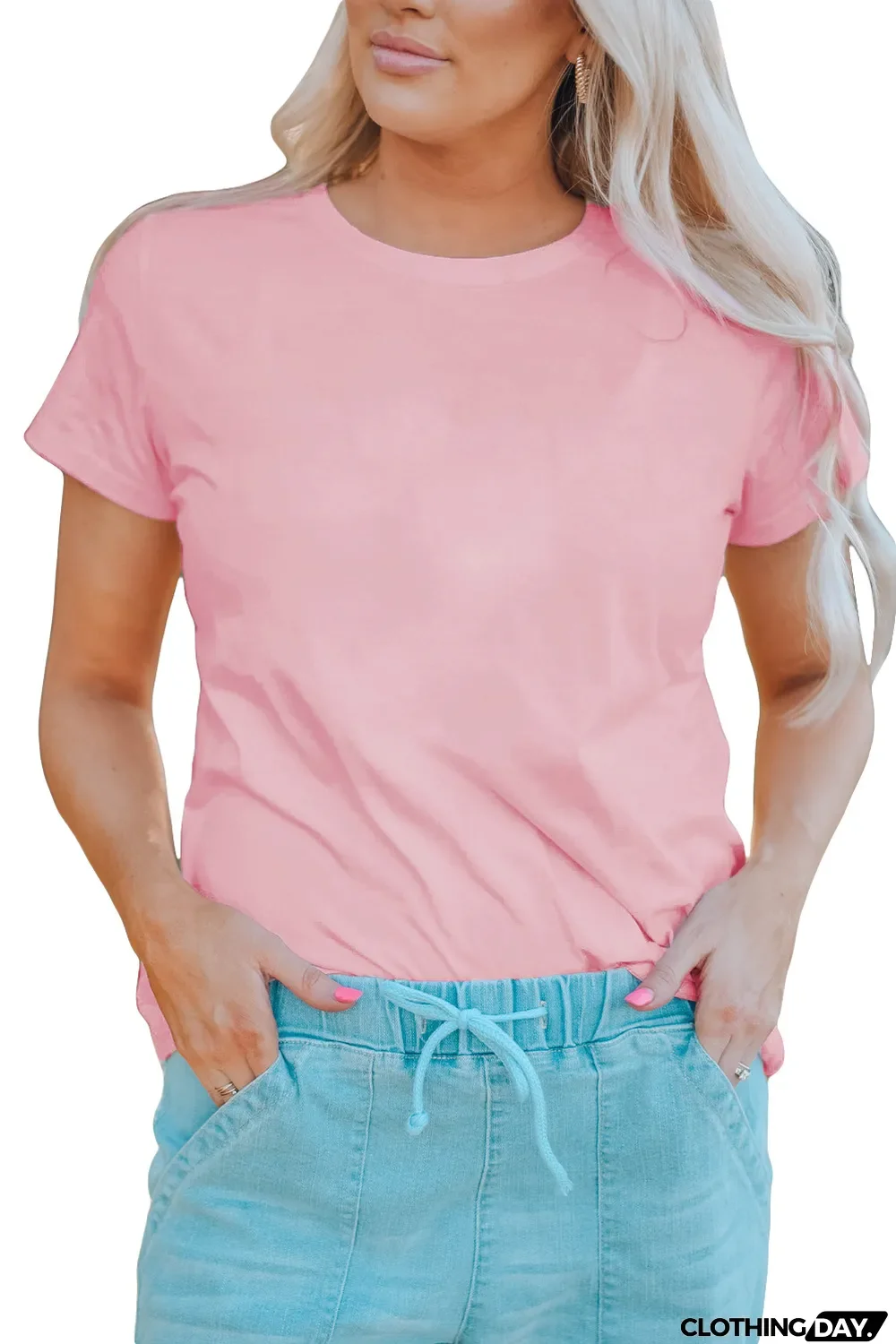 Pink Plain Crew Neck Short Sleeve Tee