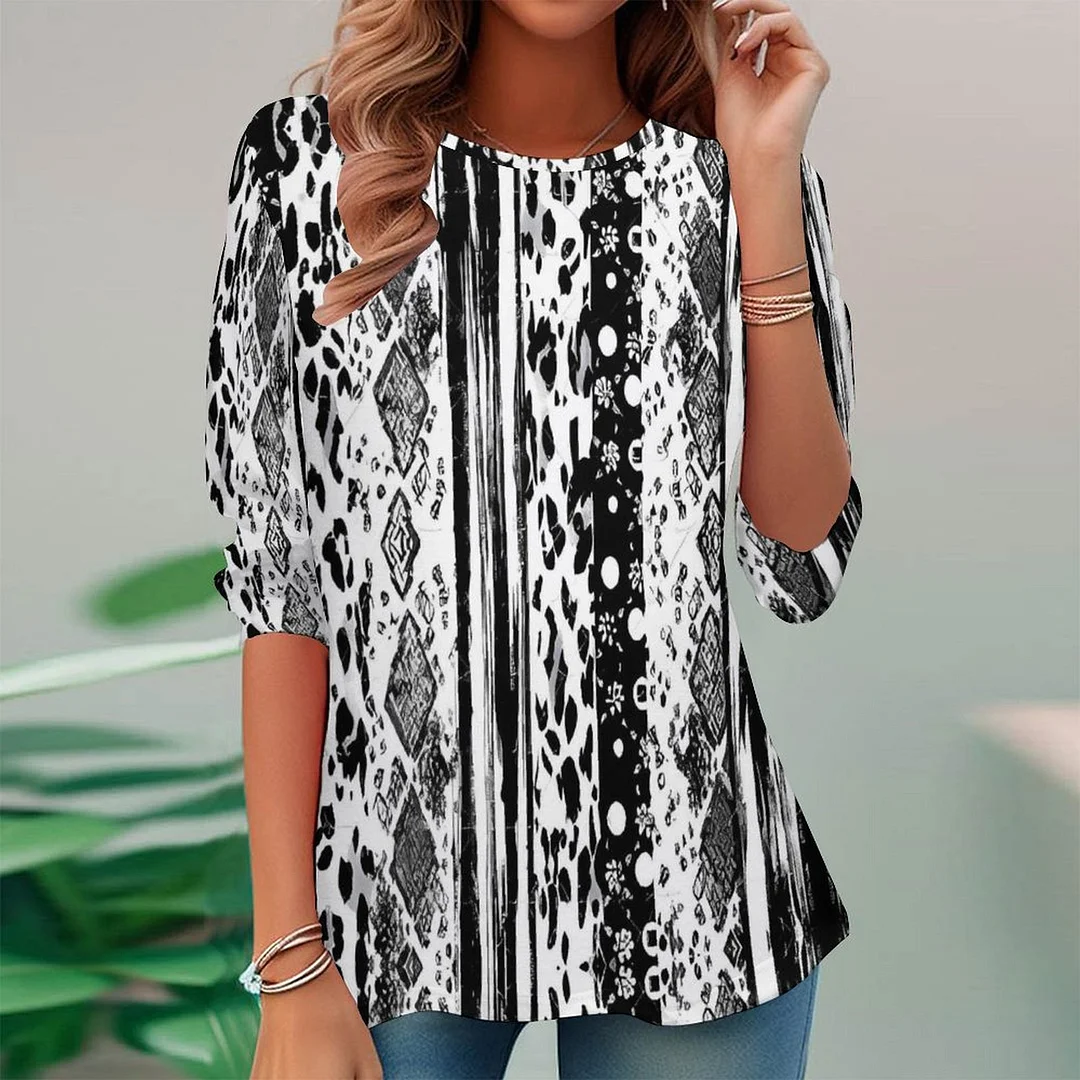 Women plus size clothing Full Printed Long Sleeve Plus Size Tunic for  Women Pattern Geometry,Black,Striped-Nordswear