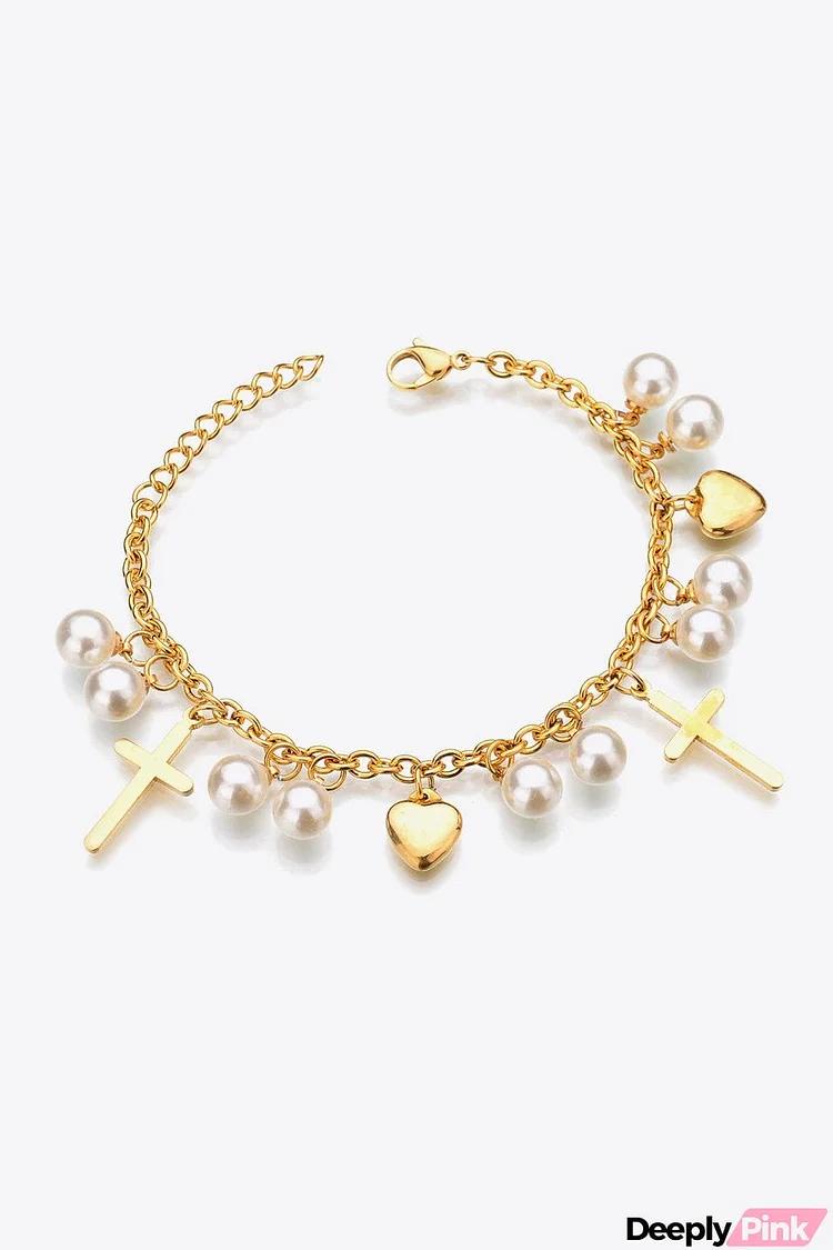 Heart Cross and Pearl Charm Stainless Steel Bracelet