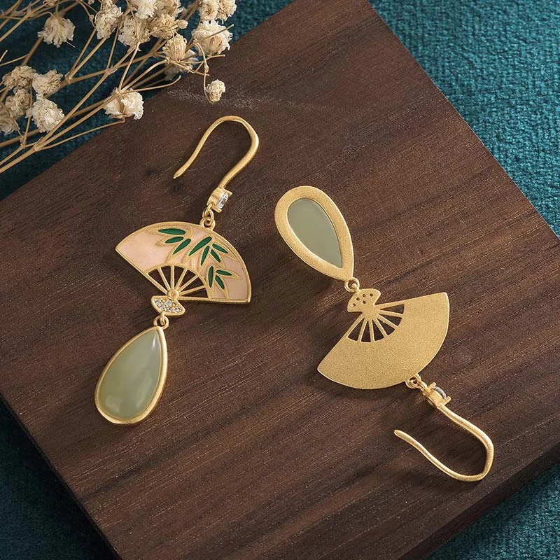 Green Aventurine Fan Pattern Luck Drop Earrings