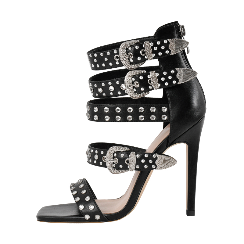  Statement Rivet Buckle Straps Square Toe Stiletto Sandals