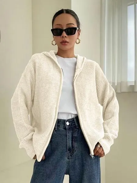 Women's Solid Color Zip Up Hooded Sweater Cardigan, Casual Long Sleeve Knitwear for Fall & Winter, Fashion Ladies' Knit Clothing for Daily Wear