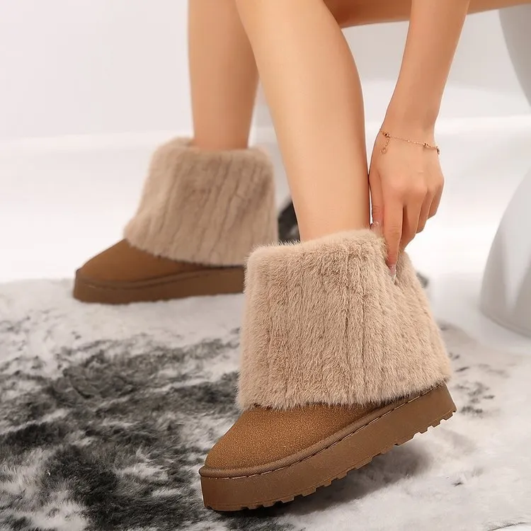 Breakj Breakj Thick-Bottomed Round Head Rolls Hairy Short-Snow Boots Women's Pine Cake Bottom Warm Thick Cotton Shoes