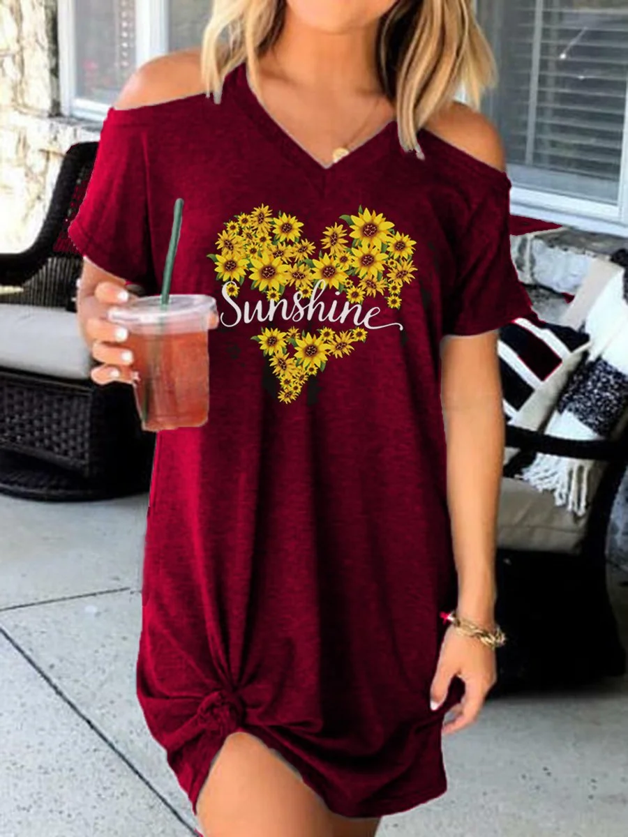 Sunshine Sunflower Off-the-shoulder Short Sleeve Dress