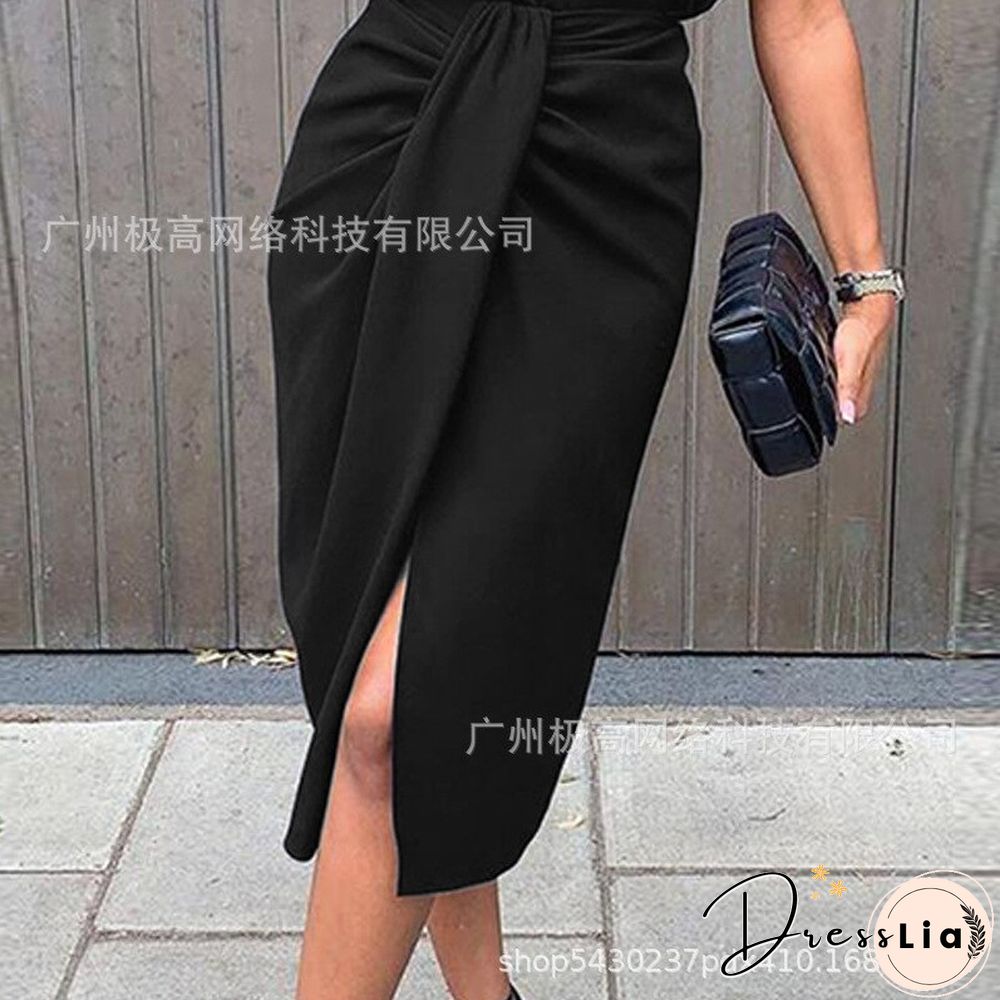 Women's Black Wide Shoulder Twisted High Slit Suit Dress