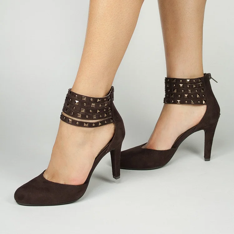 Dark Brown Vegan Suede Studs Ankle Strap Heels Pumps |FSJ Shoes