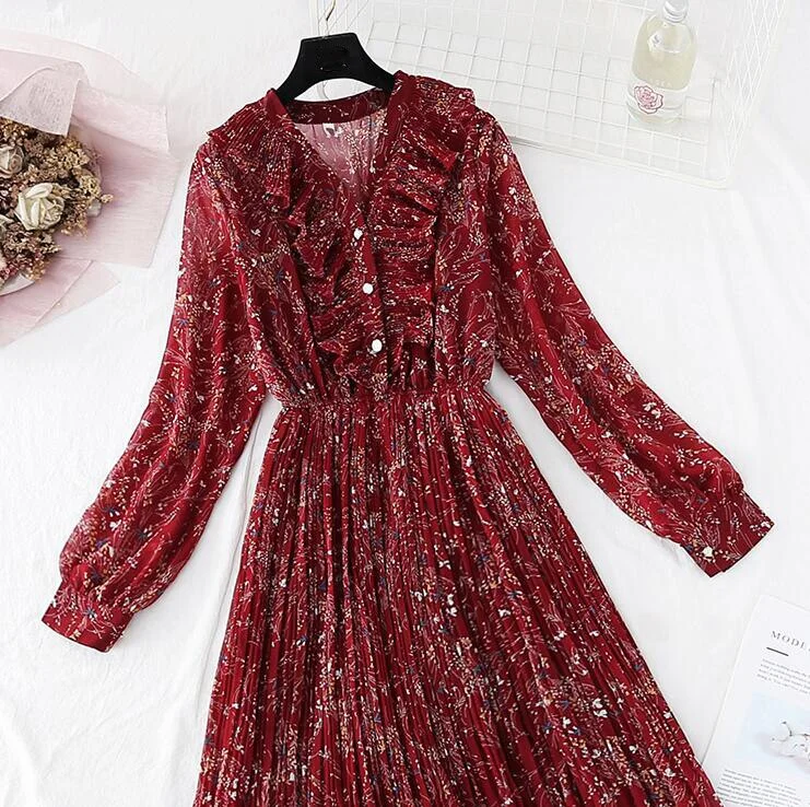 2020 Spring Summer Pleated Chiffon Dresses Women Vintage V-neck Ruffles Long Dress Long Sleeve Floral print Office Dress Vestido