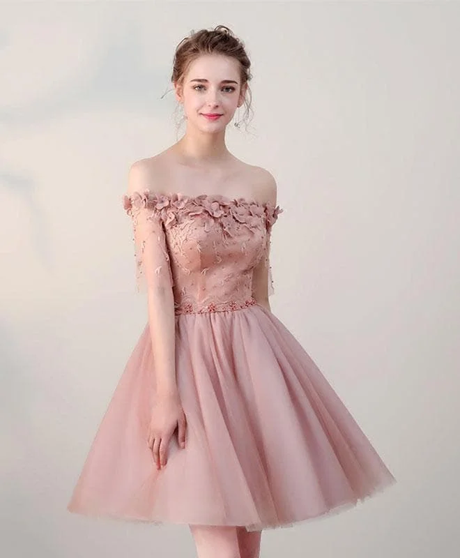 Pink Lace Off Shoulder Short Prom Dress, Pink Homecoming Dress
