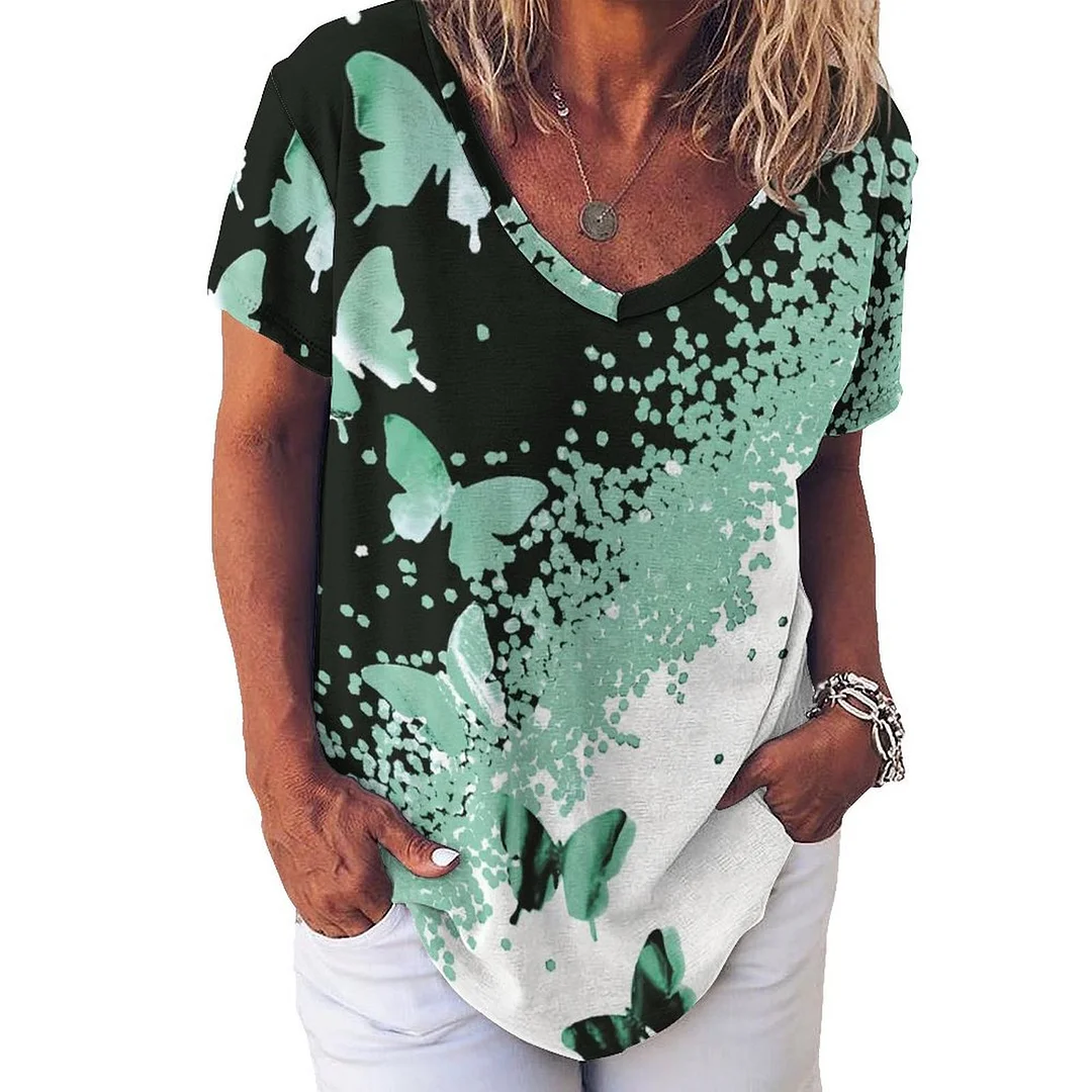 V-neck Short Sleeve Casual T-shirt for  Women Printed with Pattern Butterfly, Green, Dark Green