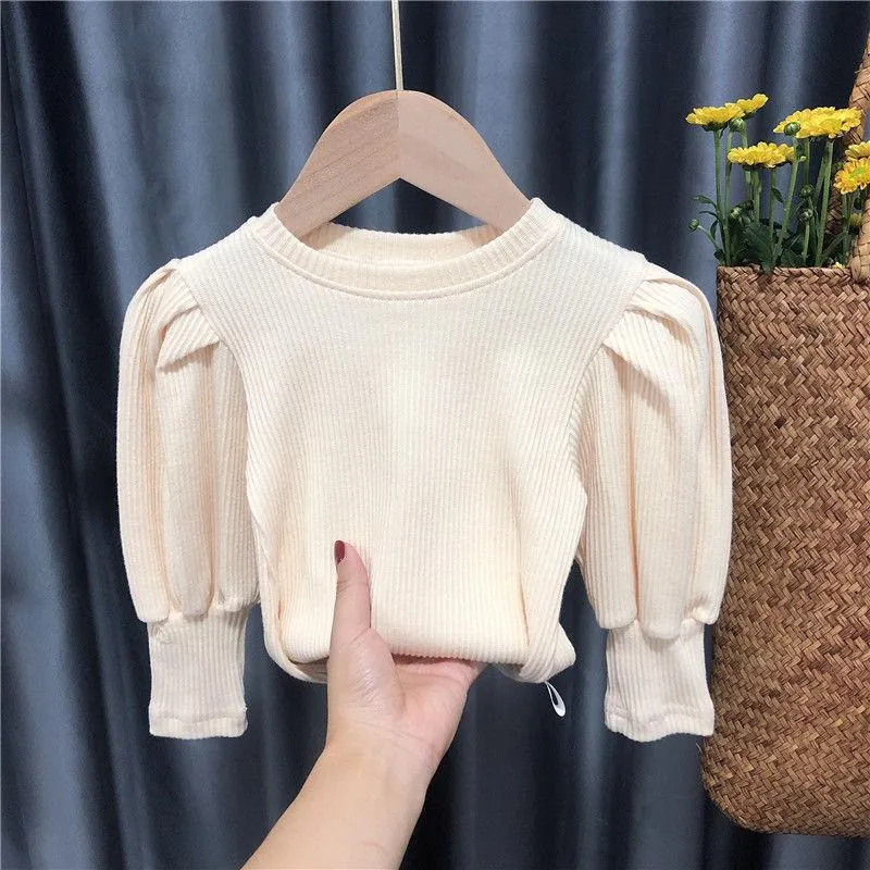 2021 Baby Toddler Teenage Girls Sweaters Tops Spring Autumn Long Puff Sleeve Knitted Kids Sweater For Girl Children's Clothes