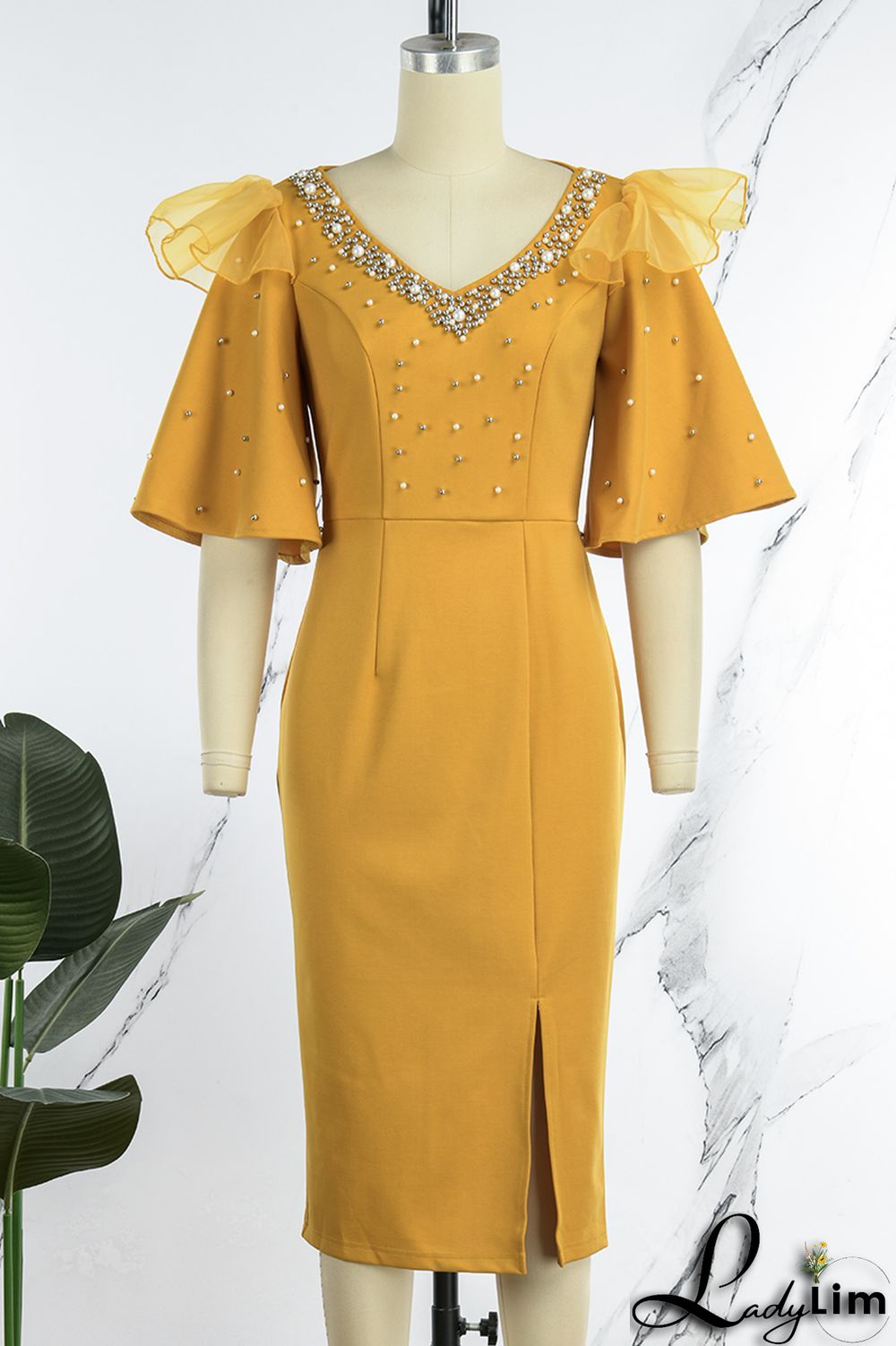 Yellow Casual Solid Patchwork Slit Beading V Neck One Step Skirt Dresses