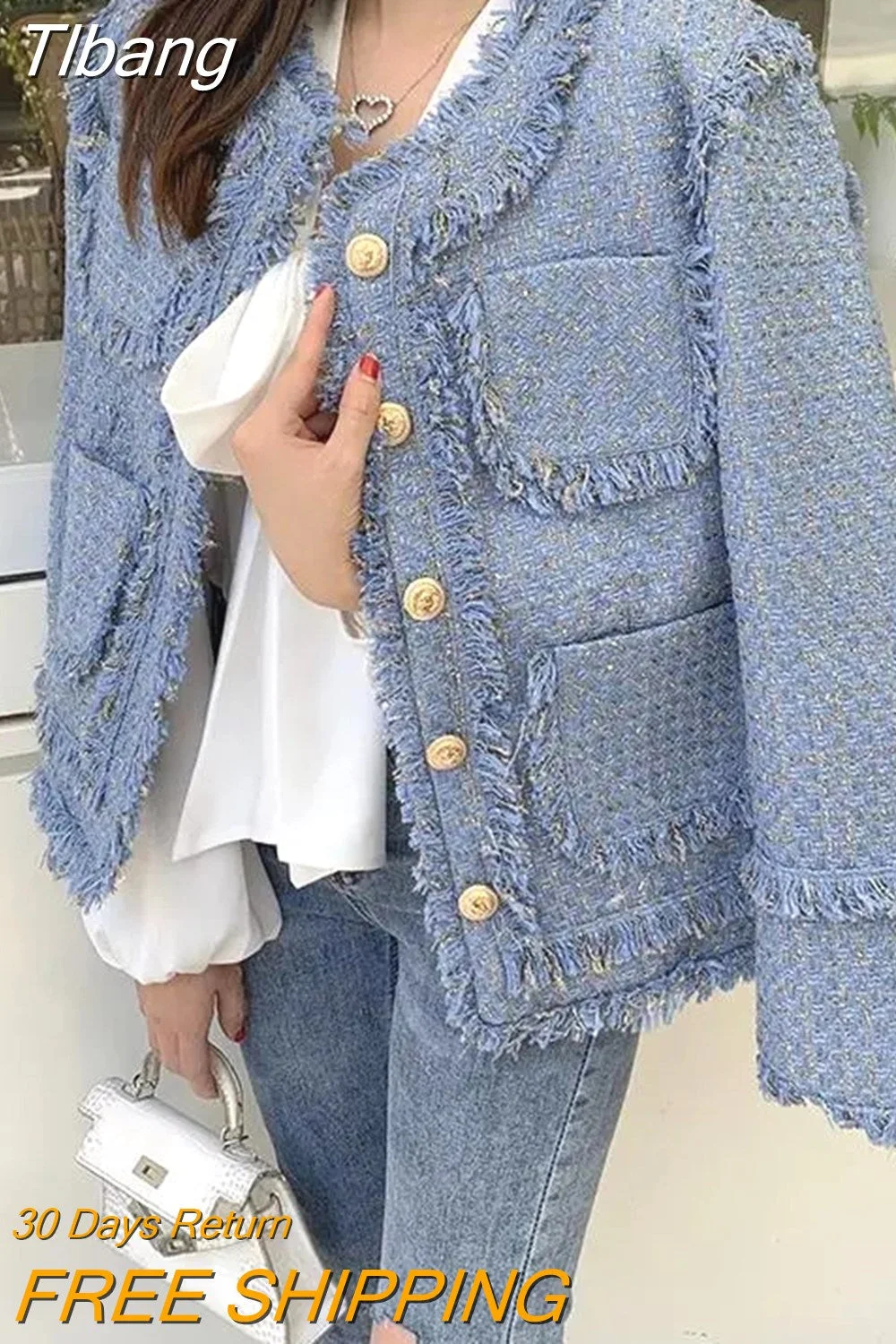 Tlbang Women Winter Tweed Fringe Beaded Jacket High Quality Female Blue Woolen Coat