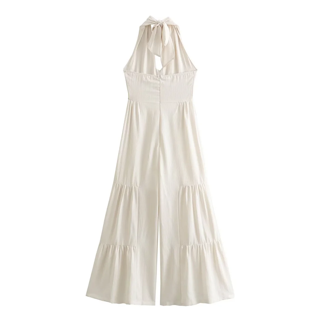 Woherb Woherb 2024 New Fashion Hanging Neck Collar Show Back Buckle Solid Color One-Piece Wide Leg Pants Pants Women 5785-Outfit Ideas