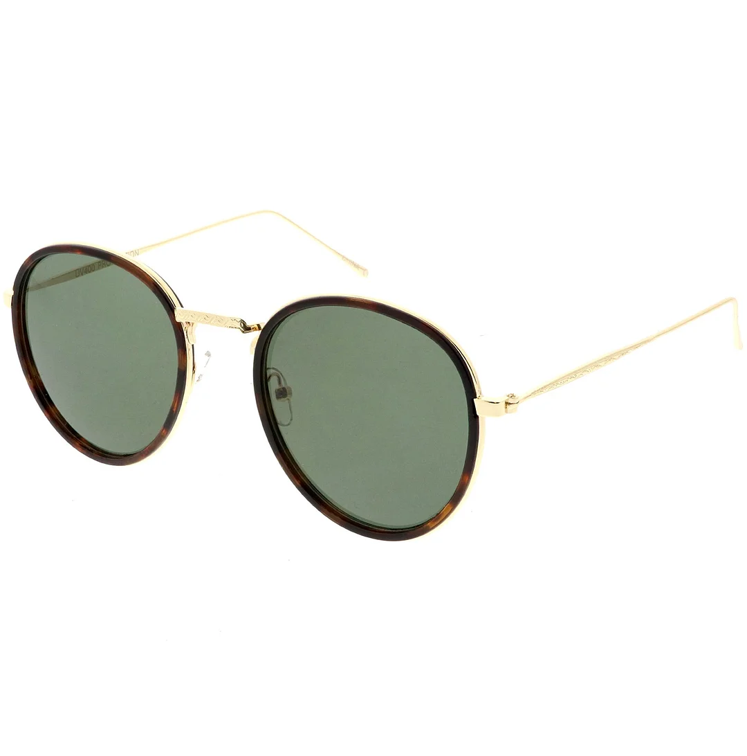 Modern Round glasses Engraved Slim Metal Arms Neutral Color Flat Lens