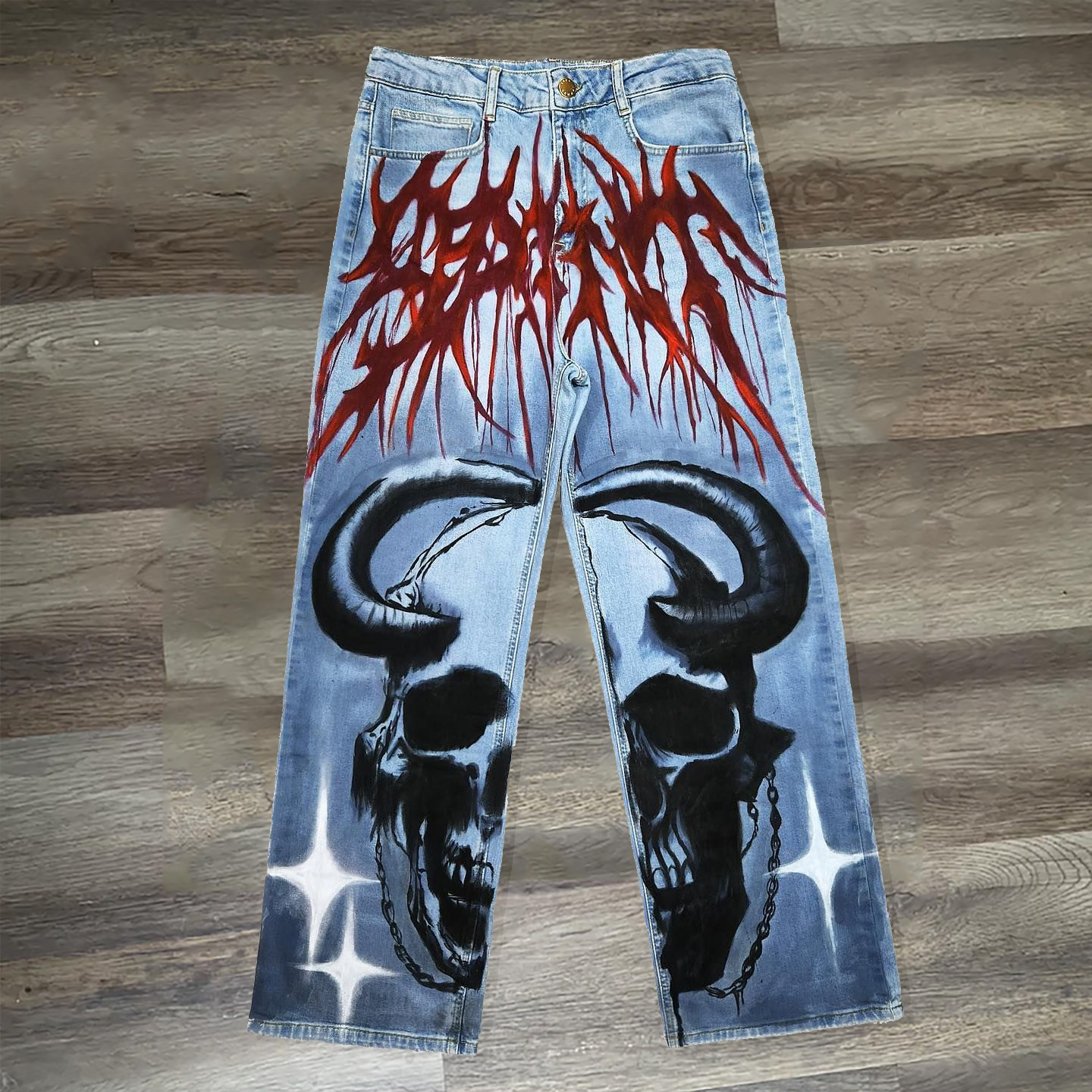 Letters Skull Mix Print Jeans
