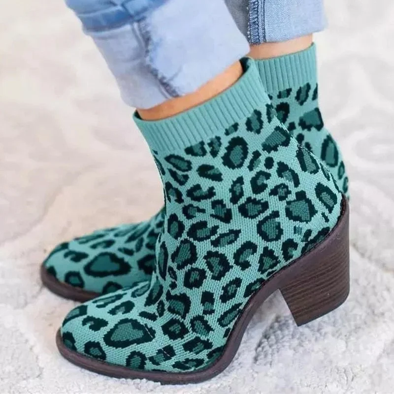 Women's Leopard Ankle Boot Knitting Woman Sock Boots Fashion Autumn Female Block Chunky Heels Comfortable Ladies Short Botas
