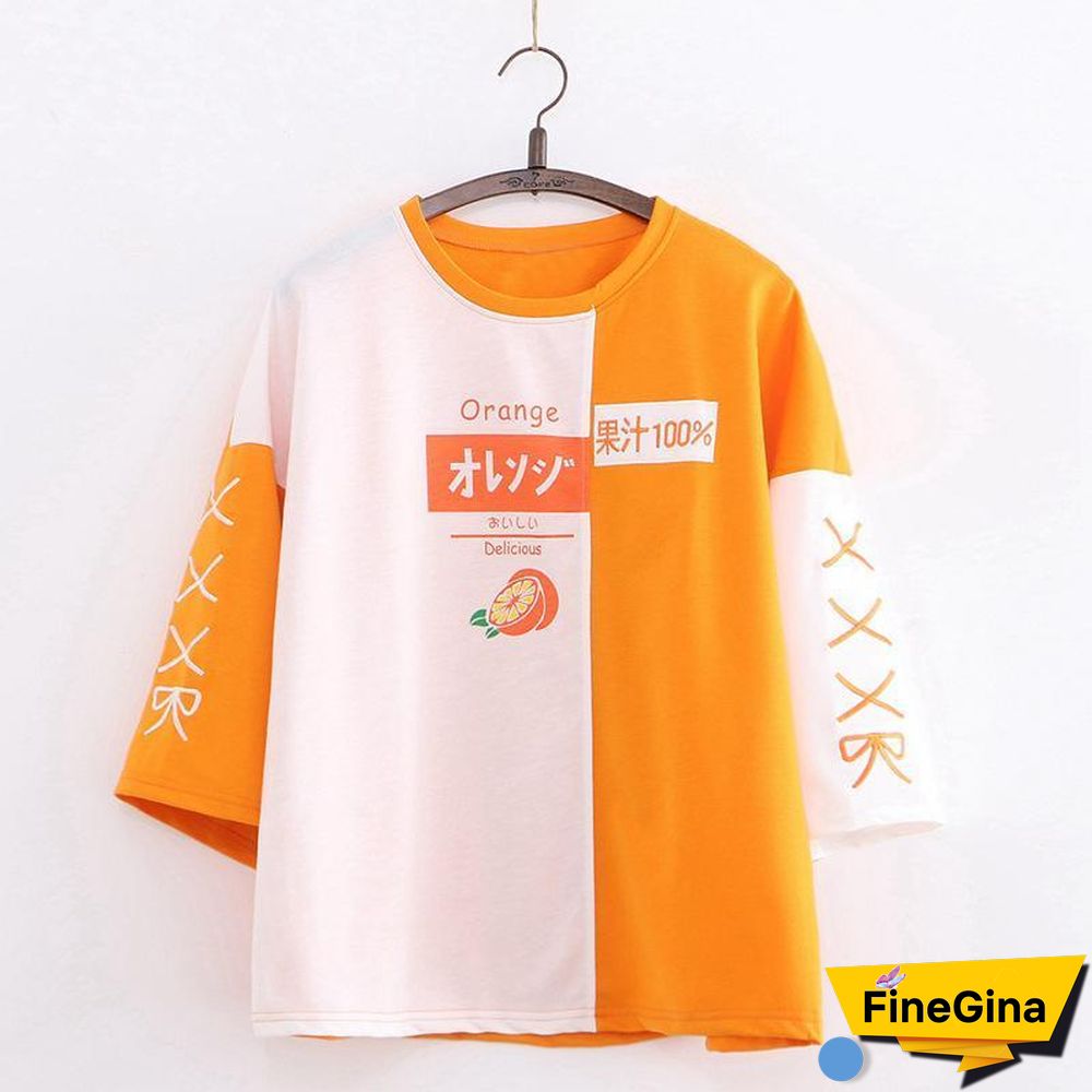 Japanese Orange Letter Print Color Block T-shirt
