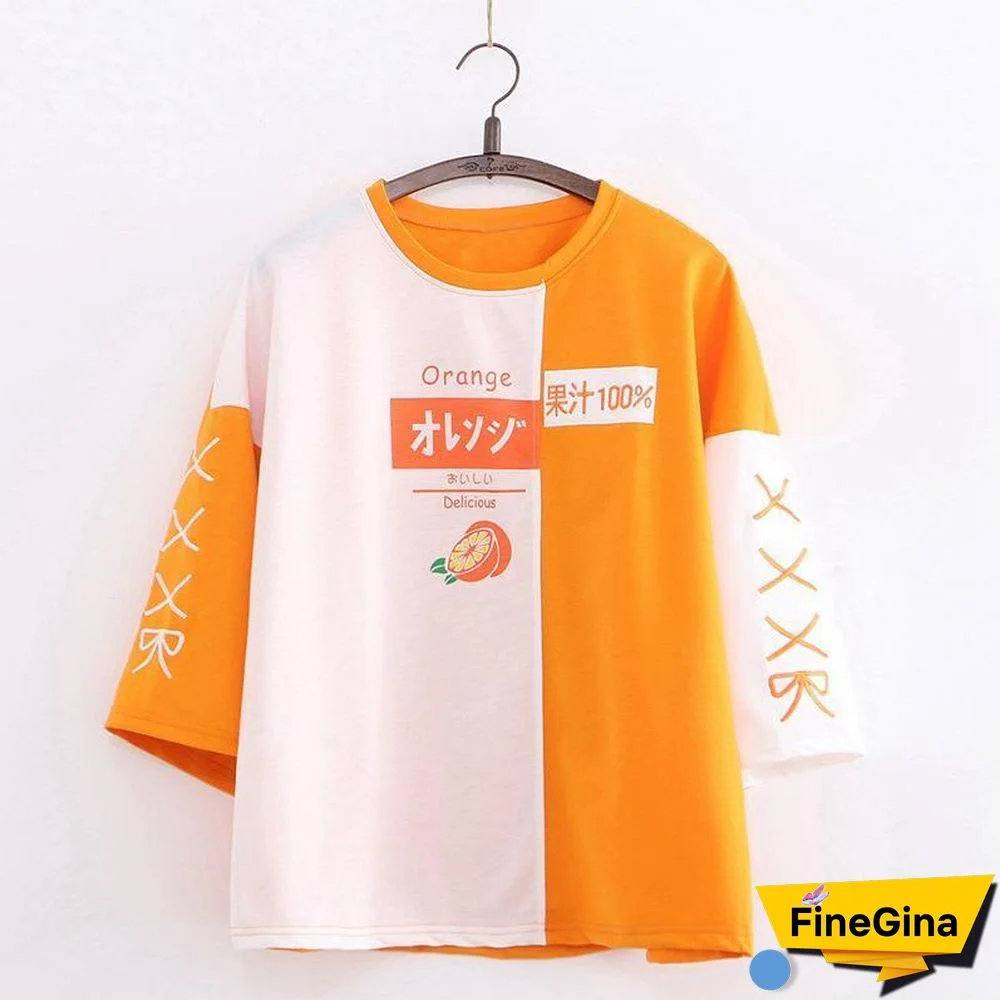 Japanese Orange Letter Print Color Block T-shirt