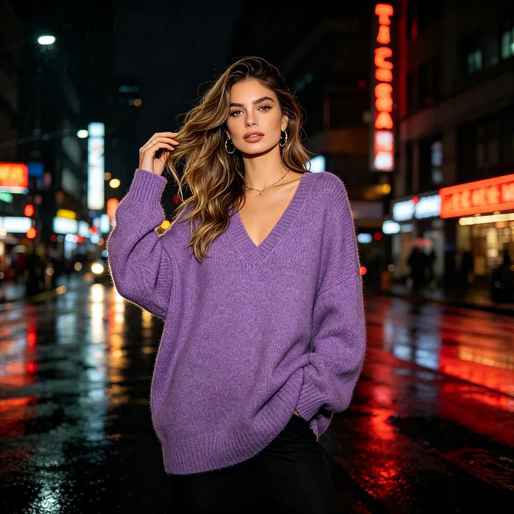 Purple V-Neck Oversize Sweater