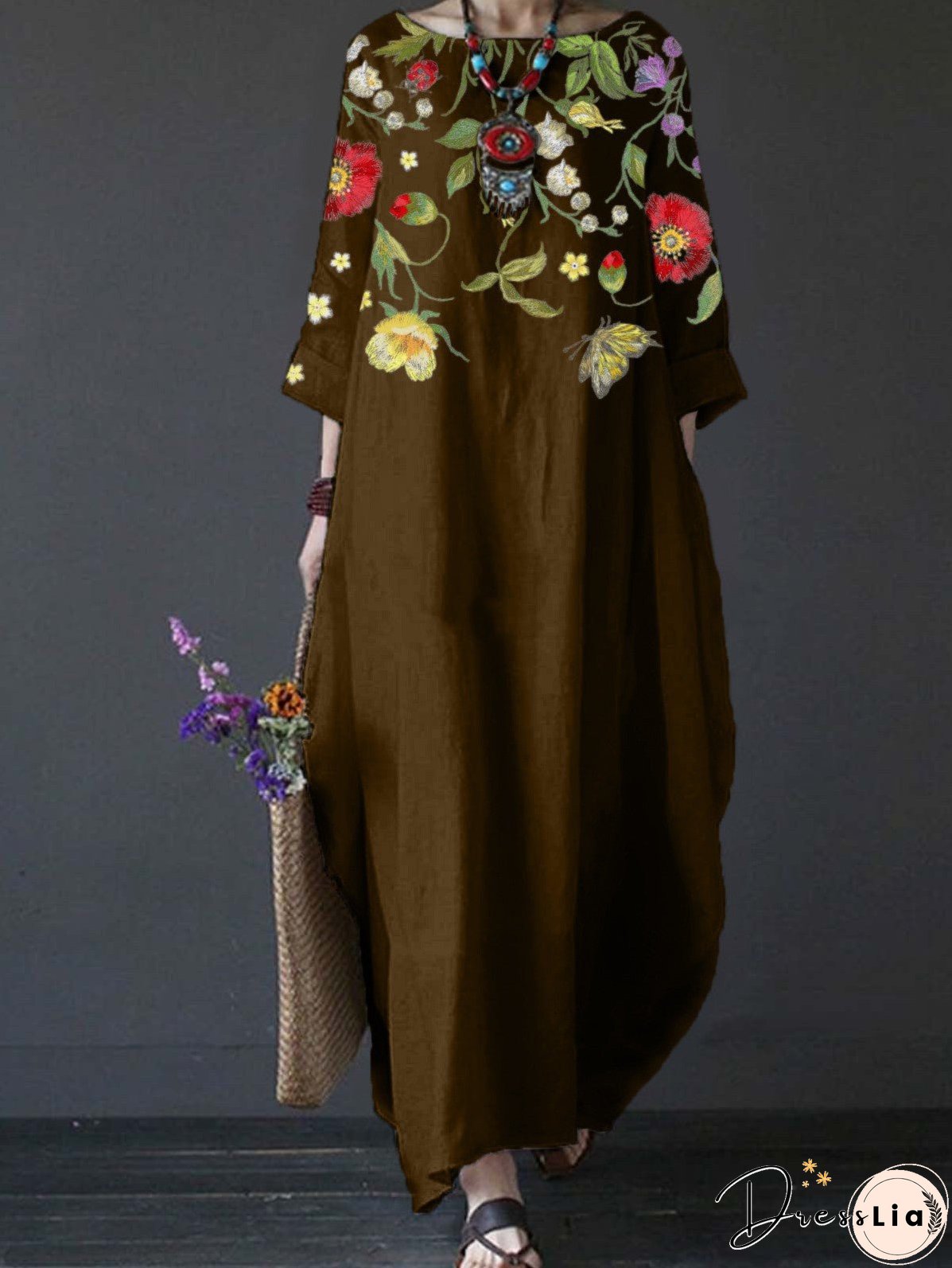 Summer Feminine Style Long Dress Round Neck Vintage Sweet Print Art Dress 3/4 Sleeve