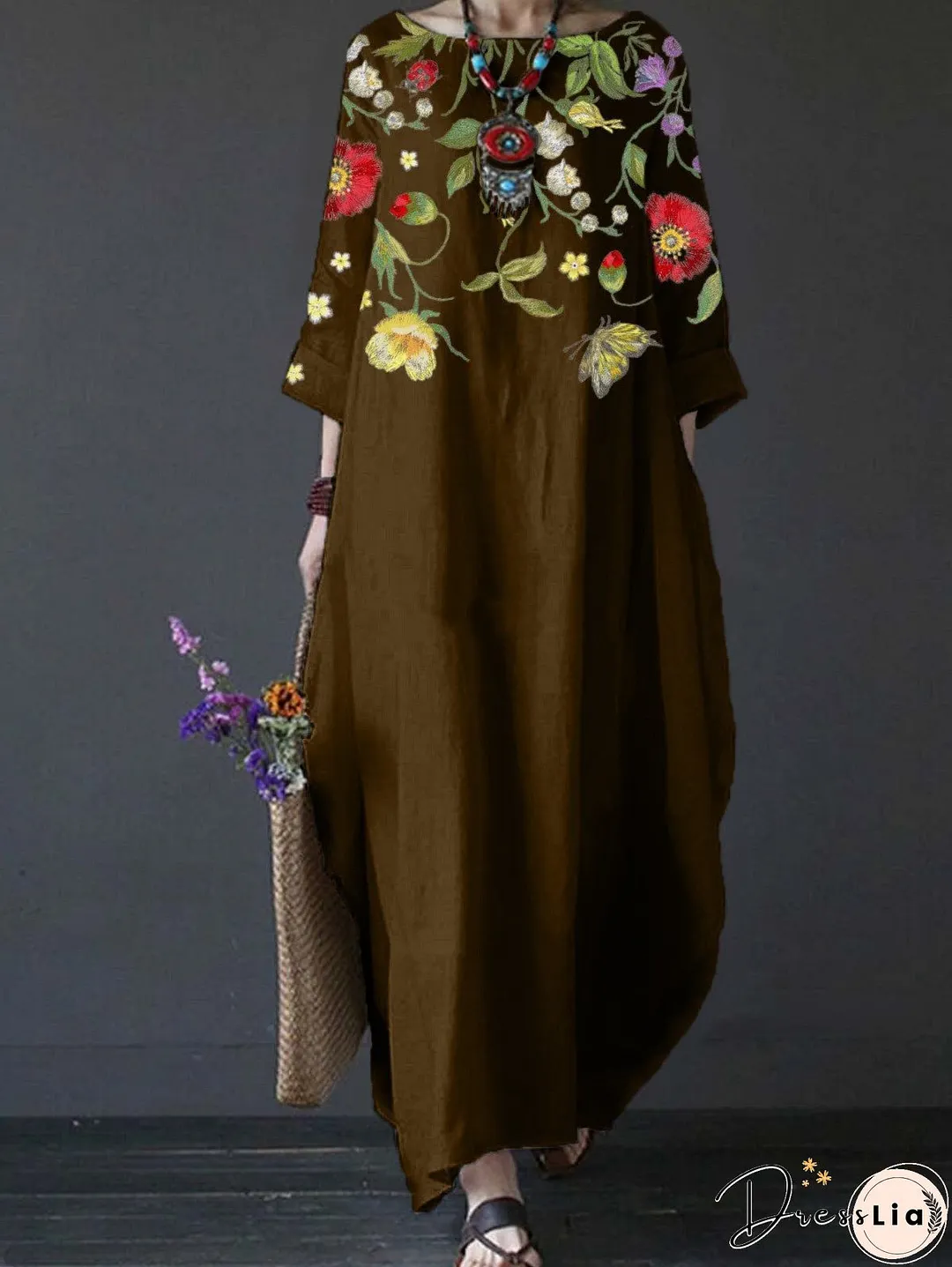 Summer Feminine Style Long Dress Round Neck Vintage Sweet Print Art Dress 3/4 Sleeve