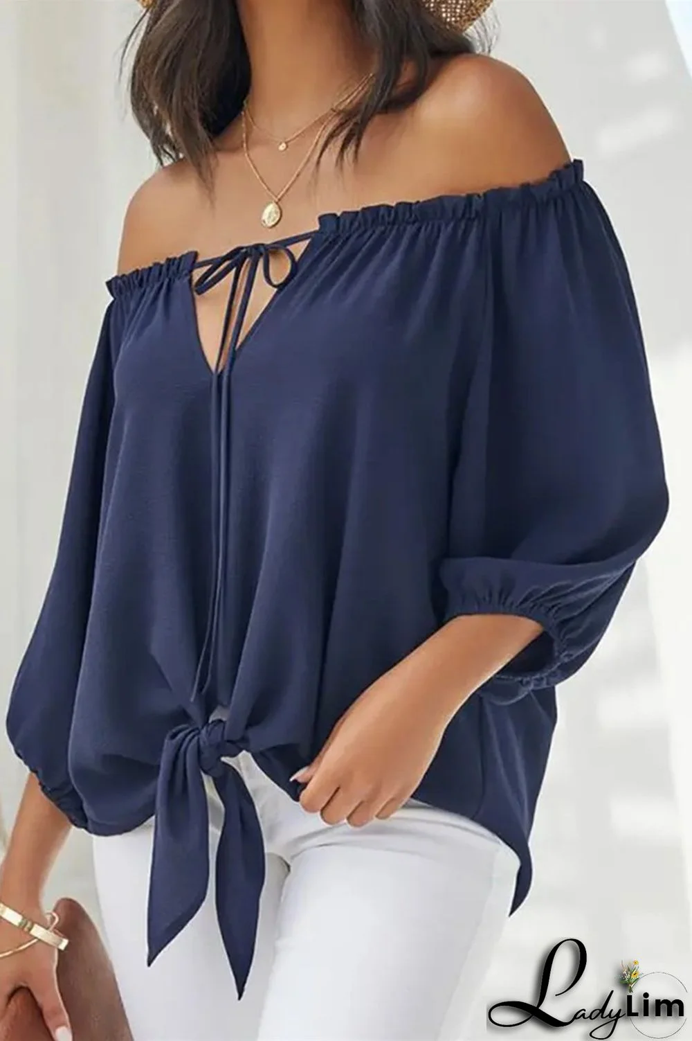 Tibetan Blue Fashion Casual Print Bandage Backless Off the Shoulder Tops