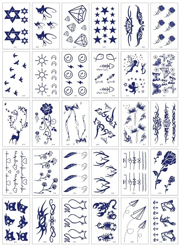 30Pcs/Set No Repeat Temporary Juice Tattoo Stickers Waterproof Disposable Butterfly Words Totem tatouage temporaire Blue Color