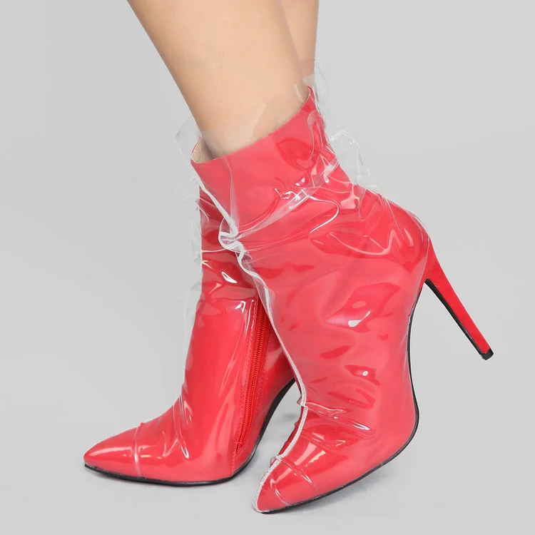Transparent PVC Wrapped Red Pointy Toe Stiletto Heel Ankle Boots |FSJ Shoes