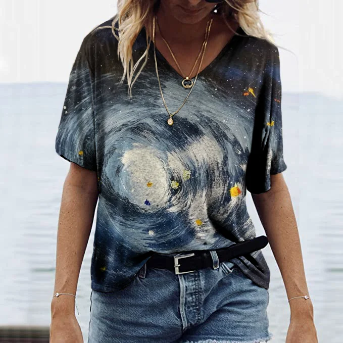 Kurzarm-T-Shirt mit V-Ausschnitt und Sternenmuster