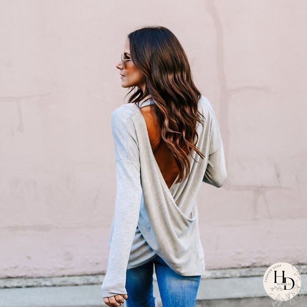 Spring/Autumn Solid V-neck Long Sleeve Backless Top Casual Loose T Shirt Women Tops