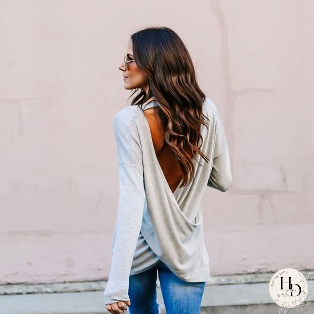 Spring/Autumn Solid V-neck Long Sleeve Backless Top Casual Loose T Shirt Women Tops