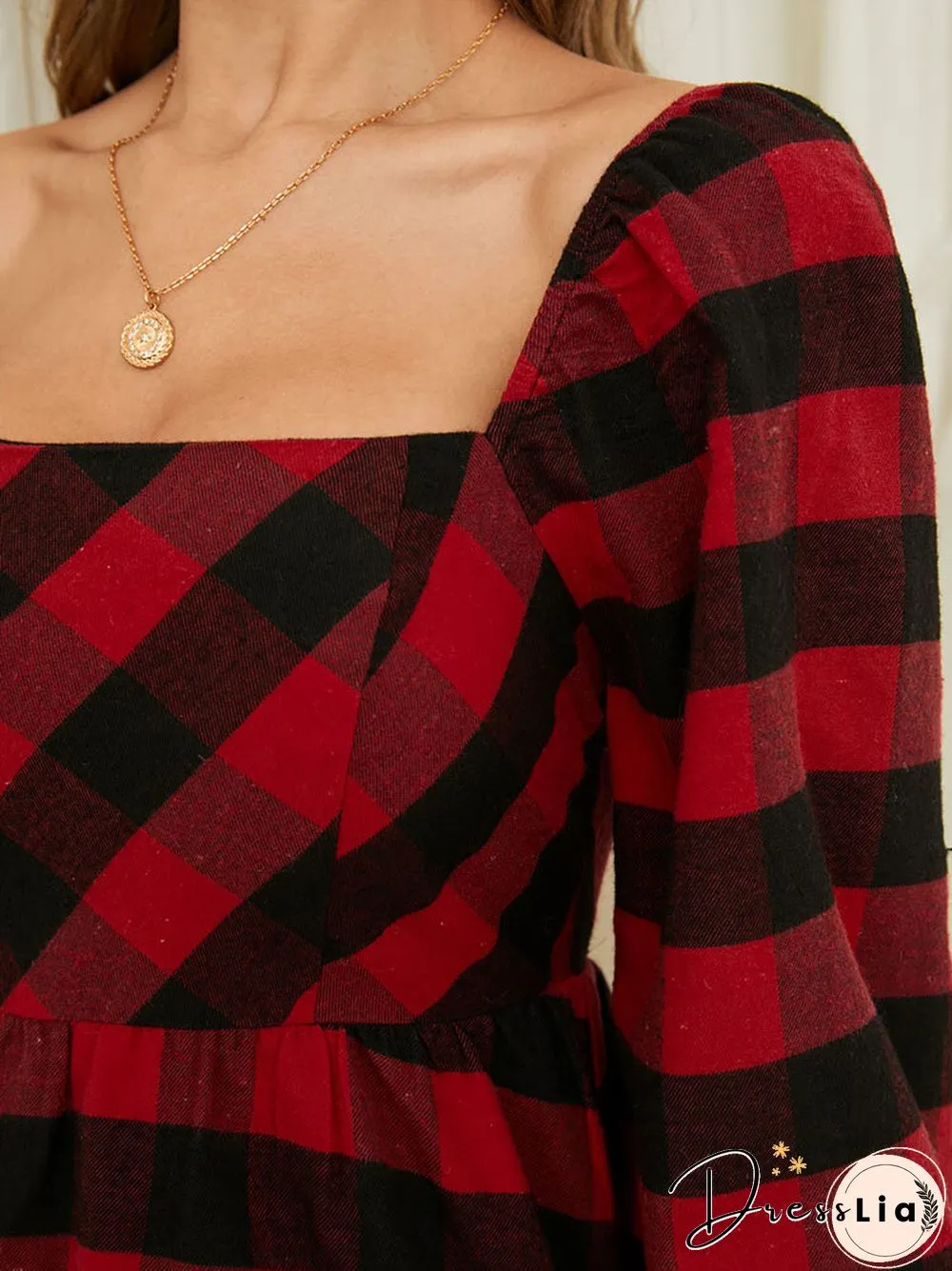 Check Print Square Collar Long Sleeve Dress Women