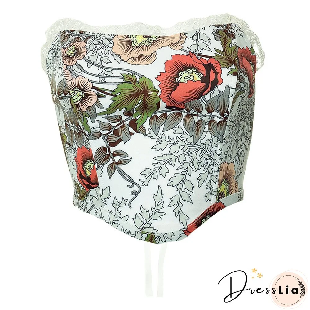 Floral Corsets For Women Summer Off Shoulder Strapless Tube Top Lace Trim Fairy Grunge T Shirt Vintage Clothes