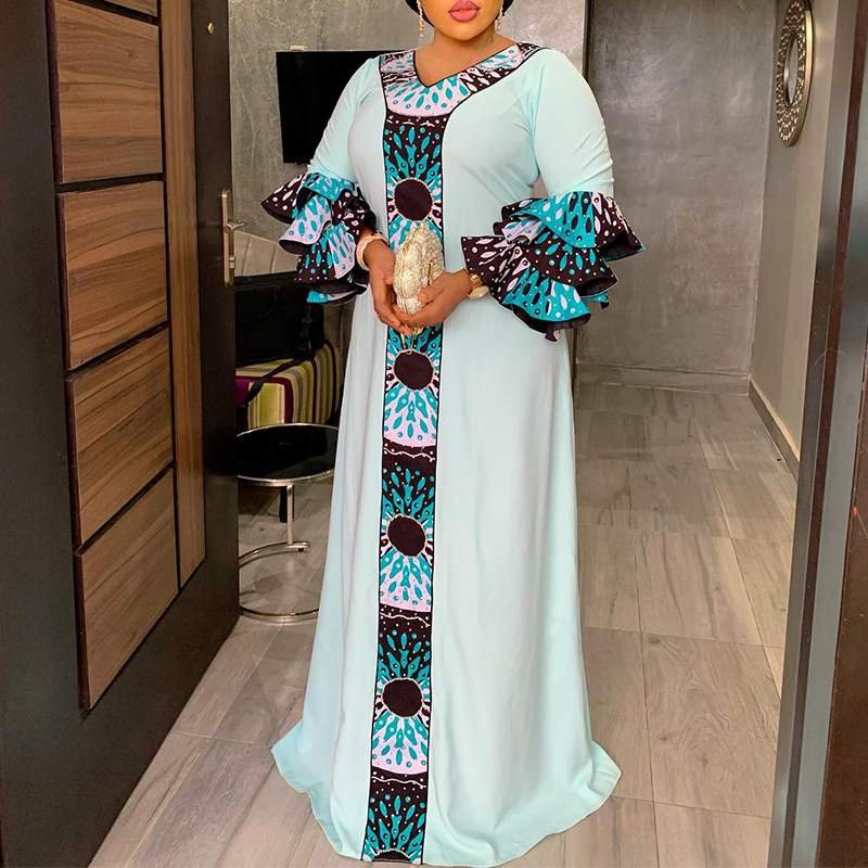VONDA Summer Party Dress 2022 Women Sexy 3/4 Sleeve V-Neck Maxi Sundress Ruffled Bohemian Casual Printed Patchwork Beach Robe