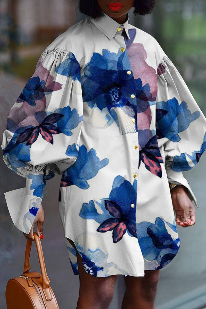 Fashion Casual Print Split Joint Turndown Collar Tops