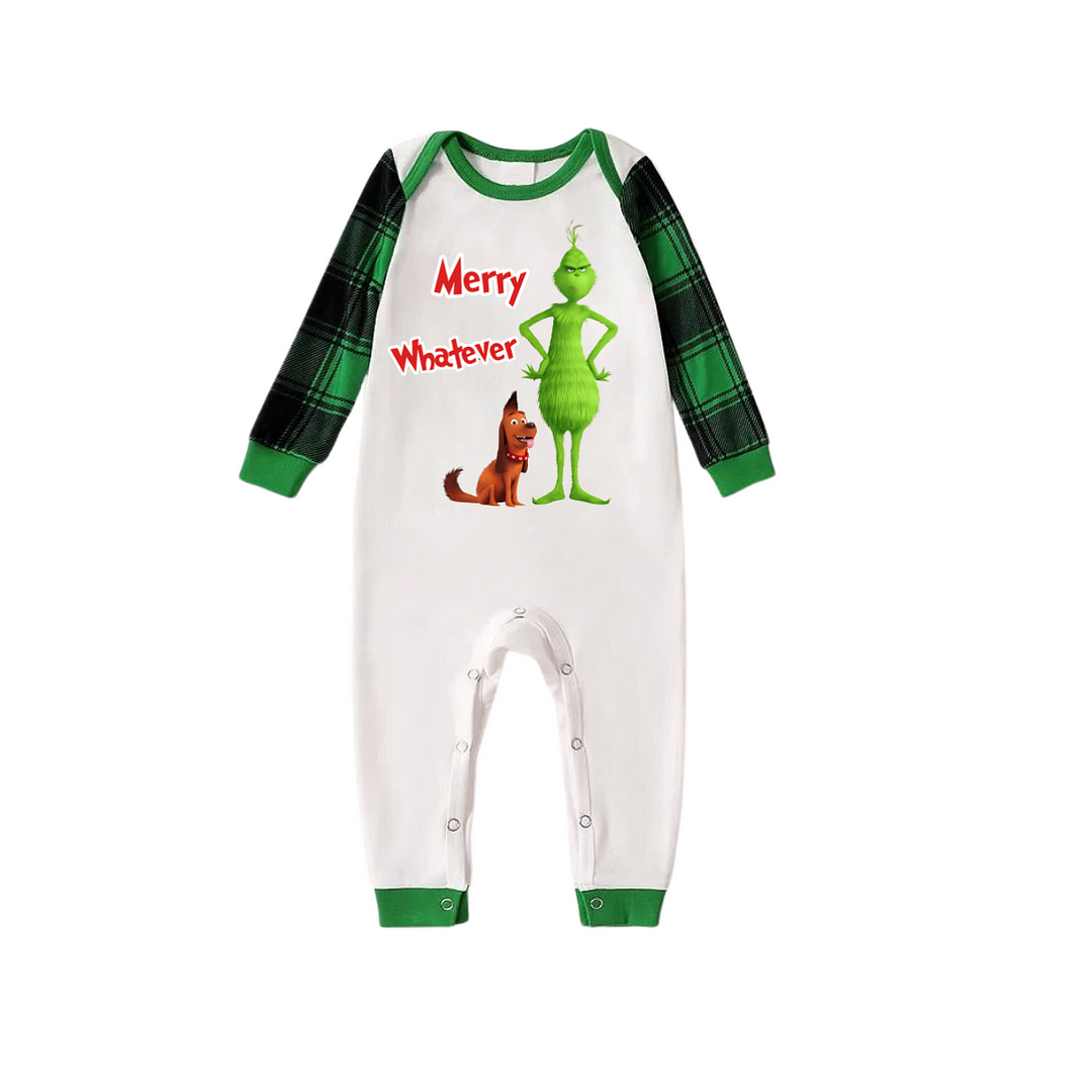 Cartoon Pattern and "Merry Whatever" Printed Green Plaid Long Sleeve Christmas Family Pajamas