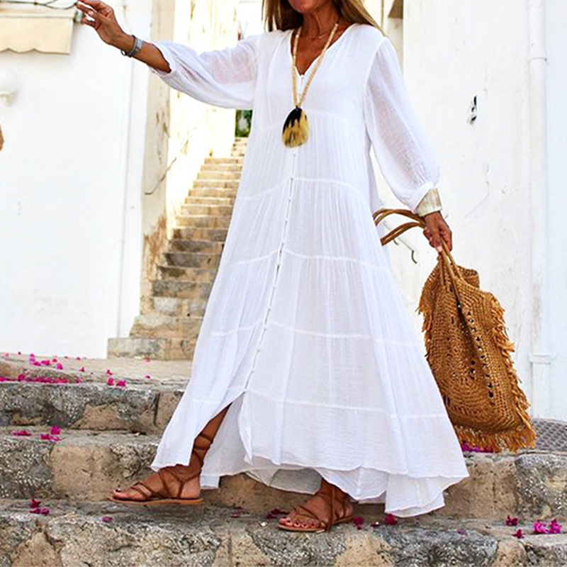 Boho Solid V-Neck Loose Long Sleeve Midi Dress wearshes