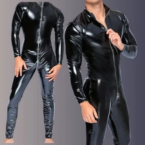 pornhint Pornhint WETLOOK BDSM suit men open crotch, bondage suit patent one-piece men's with 3-way zipper, kinky men's underwear fetish BDSM fashion