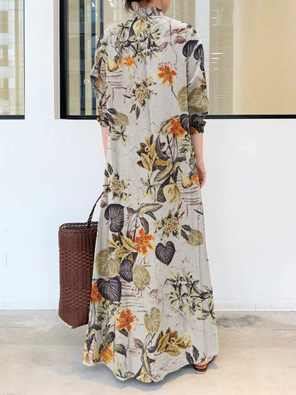 Loose Plus Size Printed Split-Joint Lapel Maxi Dresses Shirt Dress