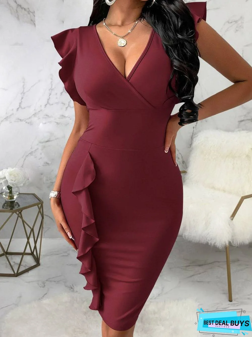 Ruffle Sleeve Bodycon Midi Dresses
