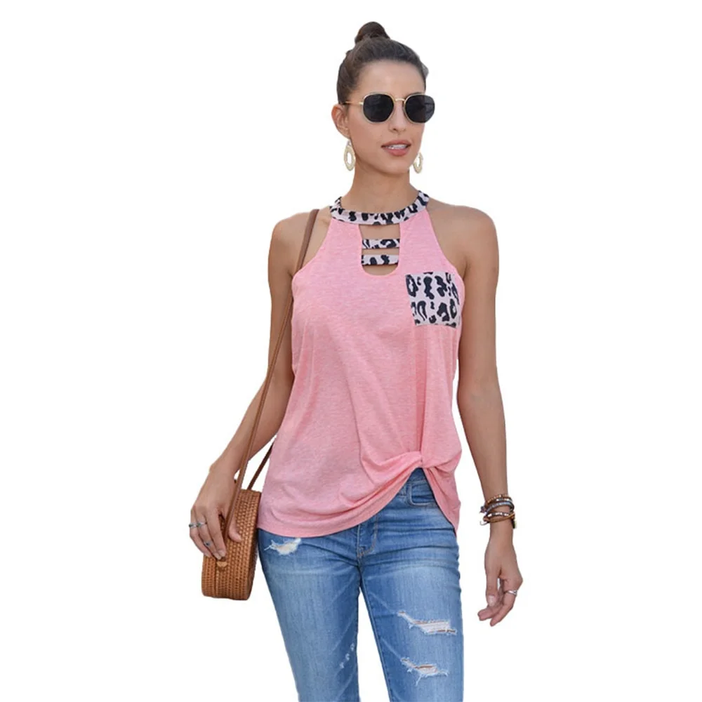 Budgetg Sexy Halter Top Women Leopard Print Pocket Sleeveless T-Shirt Vintage Casual Pullover Loose Vest Hollow Out Tank Tops