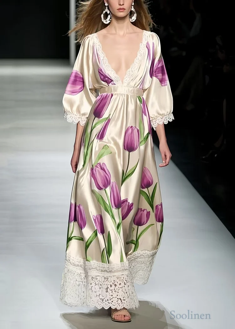 Classy Lavender Floral Patchwork Lace Silk Maxi Dress Summer