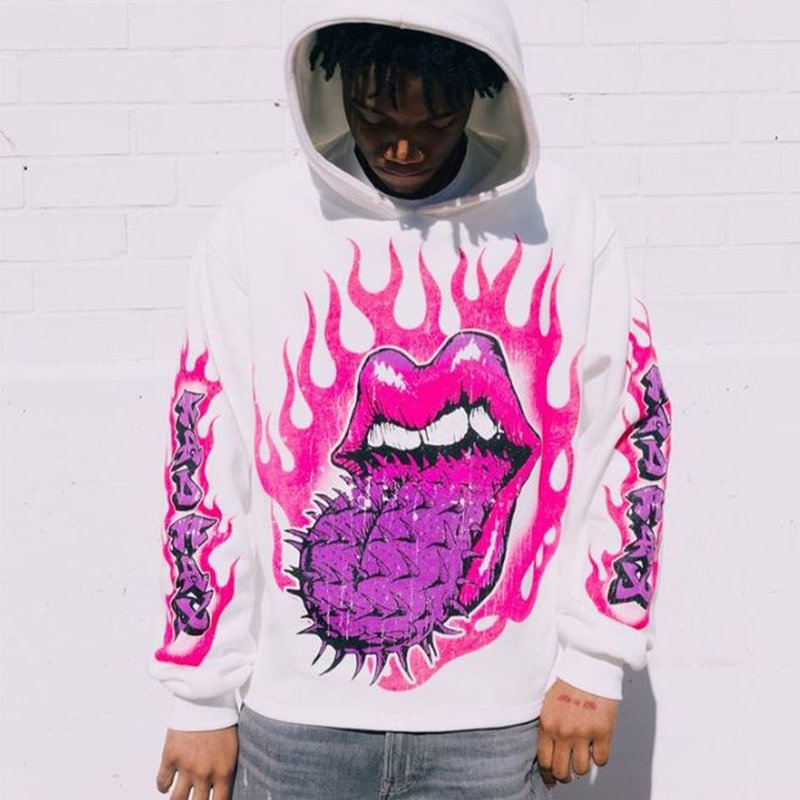 Men's Fire Mouth Print Oversized Hoodies Sweatshirts-VESSFUL