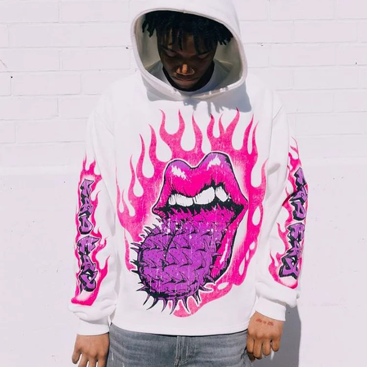 Men's Fire Mouth Print Oversized Hoodies Sweatshirts at Hiphopee