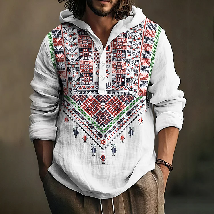 Men's Be Free And Peace Forever Print Casual Linen Hooded Shirt