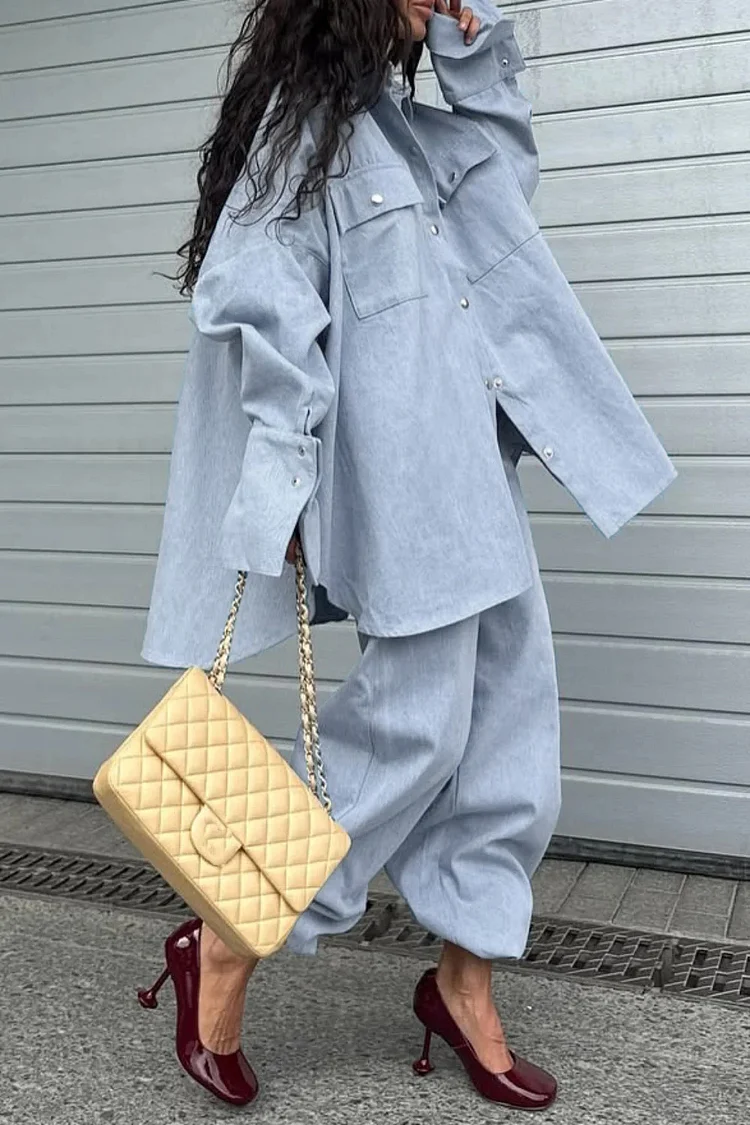 Plus Size Business Casual Light Blue Shirt Collar Long Sleeve Pocket Casual Denim Two Piece Pant Sets [Pre-Order]