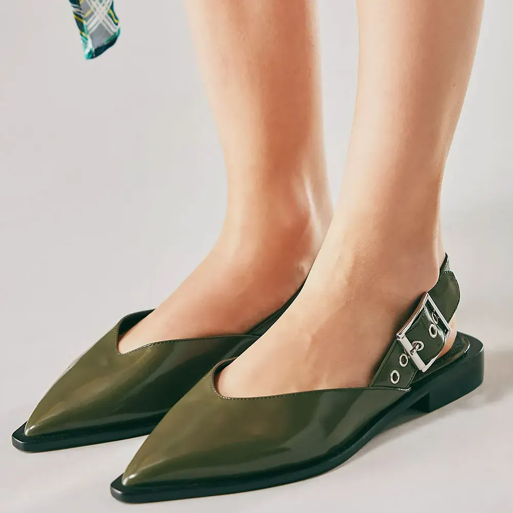 Classic Olive Vegan Leather Slingback Pointed Toe Flats with Buckle