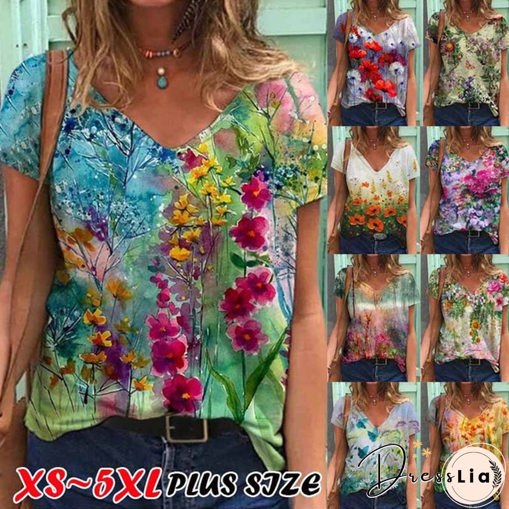 Women's V-neck Casual Color Flower Painting Short Sleeve T-shirt Loose Top Plus Size Summer Blouse XS-5XL